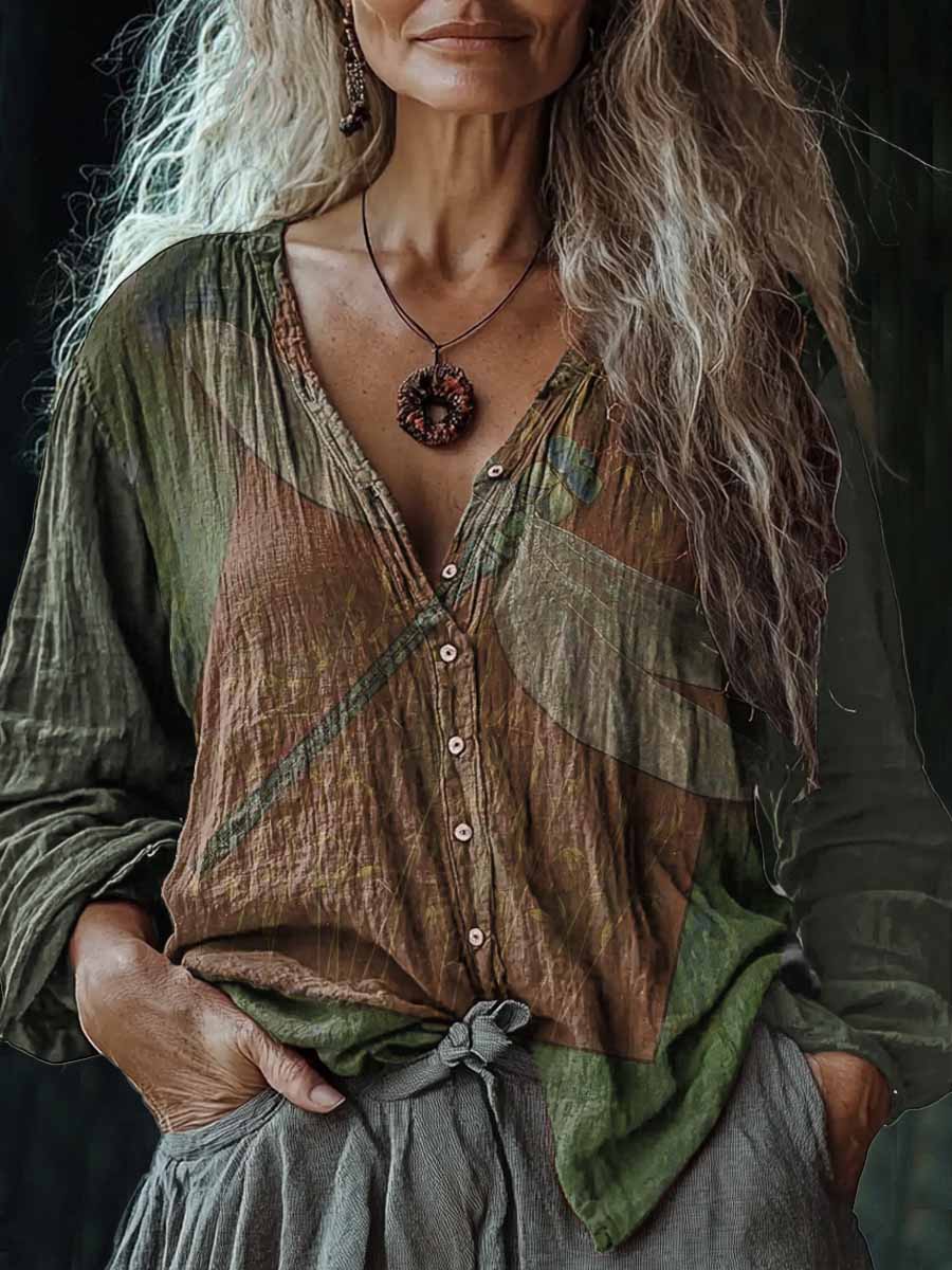 Mujer Vintage Libélula Art Print V-cuello Casual algodón y camisa de lino