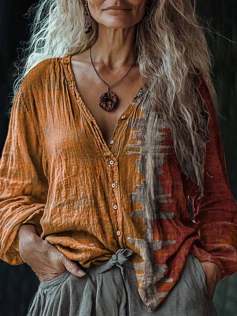 Camisa casual de algodón y lino con cuello en V y estampado de arte abstracto vintage para mujer