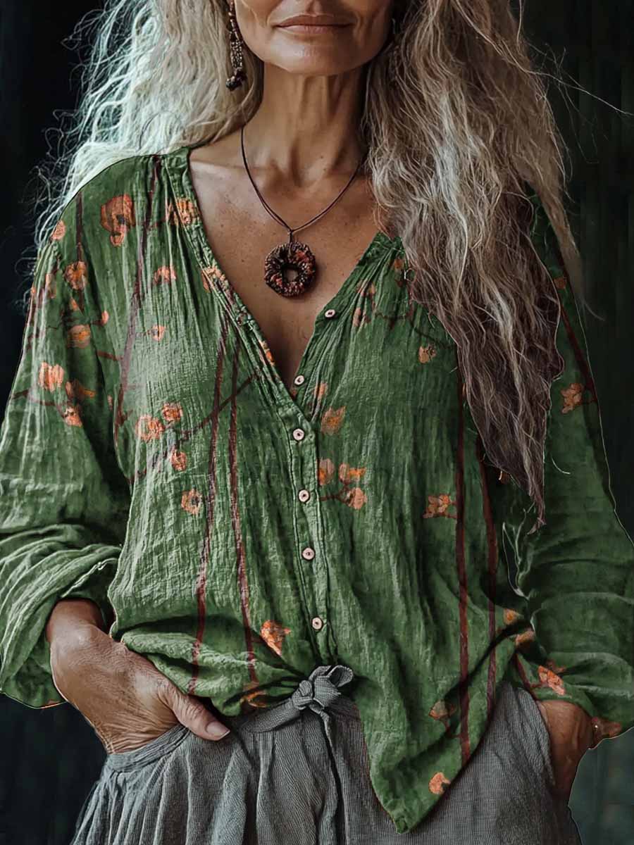Camisa de algodón y lino casual con cuello en V estampado floral vintage de mujer