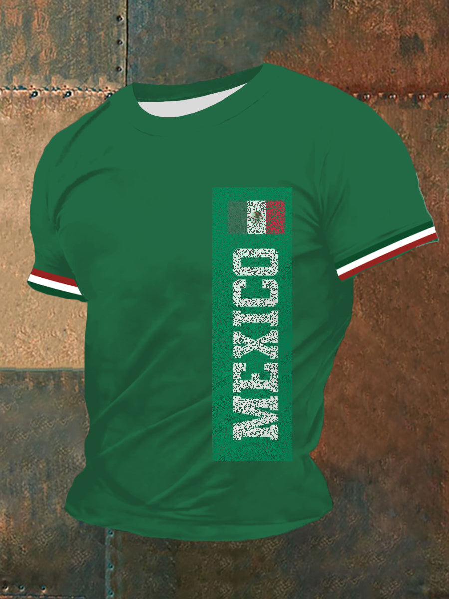 Top de manga corta casual con estampado de bandera mexicana verde para hombre