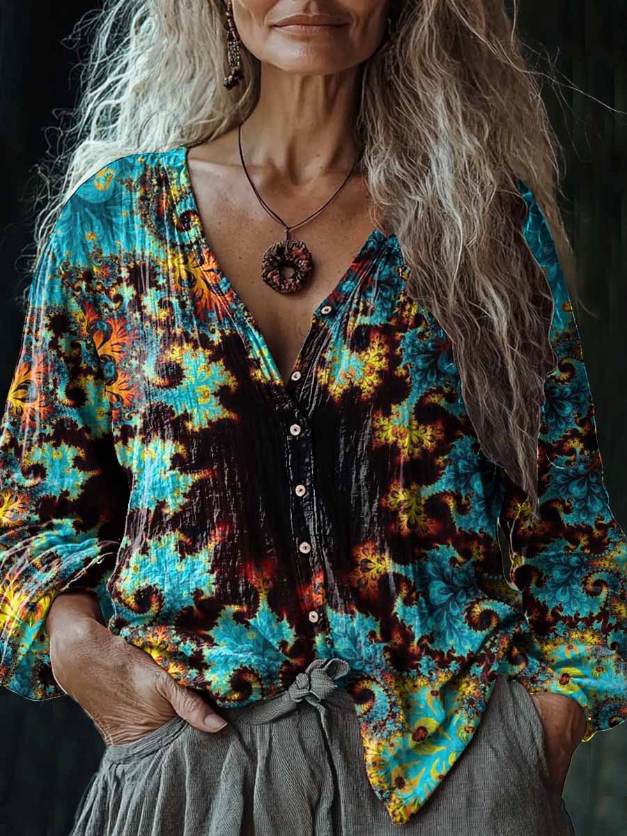 Camisa casual de algodón y lino con cuello en V y estampado de arte abstracto vintage para mujer