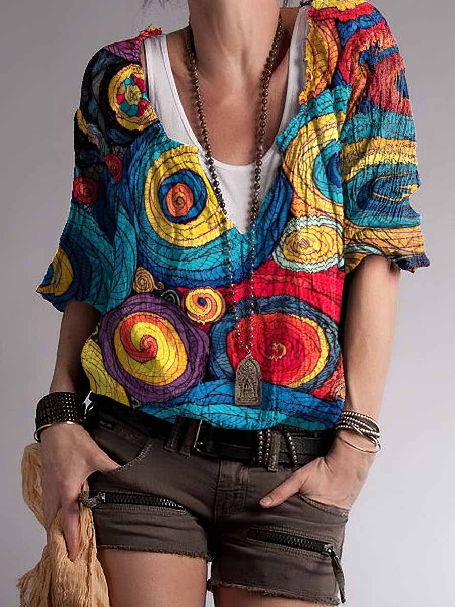 Top con cuello en V de mezcla de algodón estampado Hippie Colorul para mujer