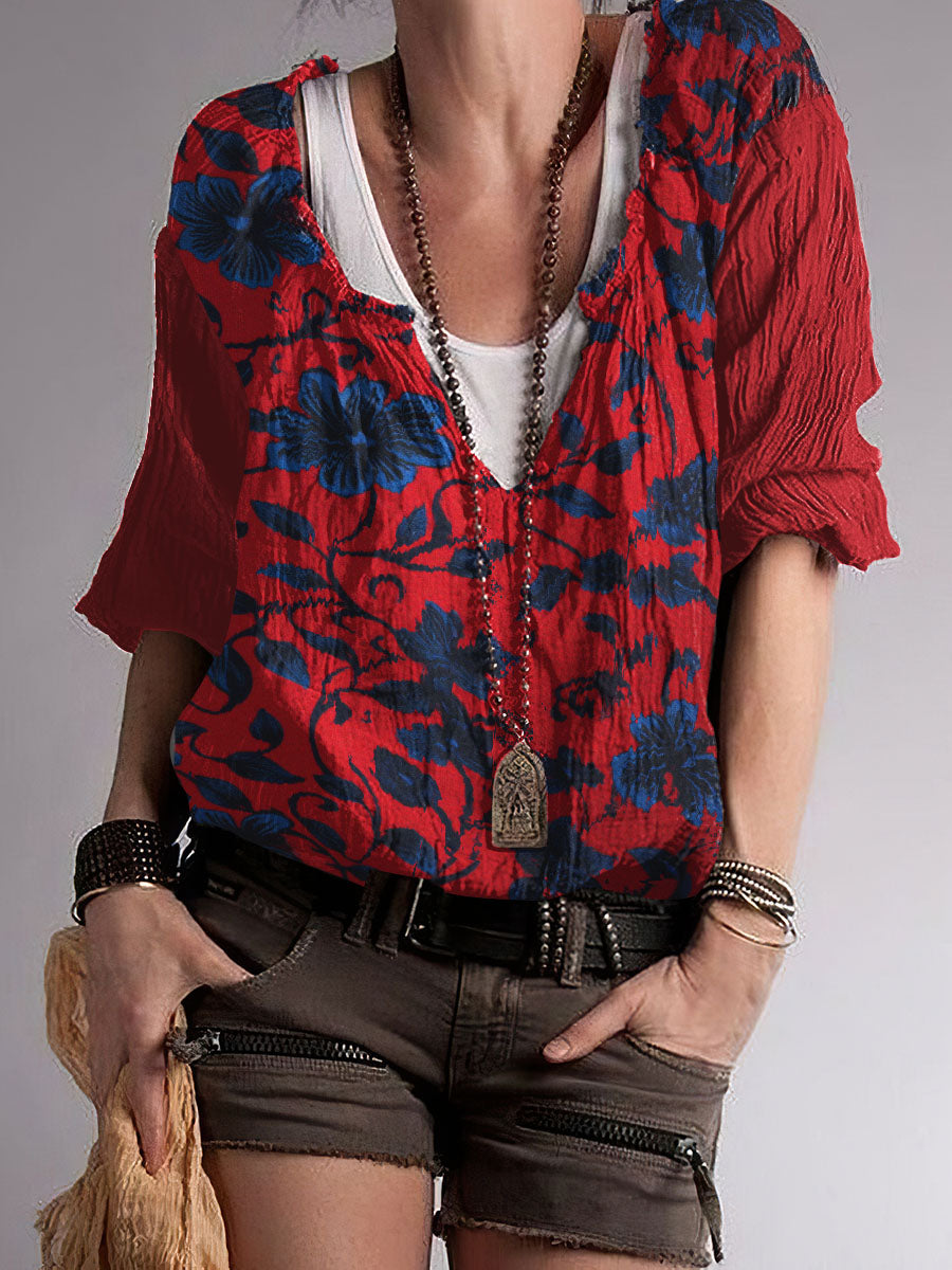 Top con cuello en V de mezcla de algodón estampado floral abstracto hippie de mujer