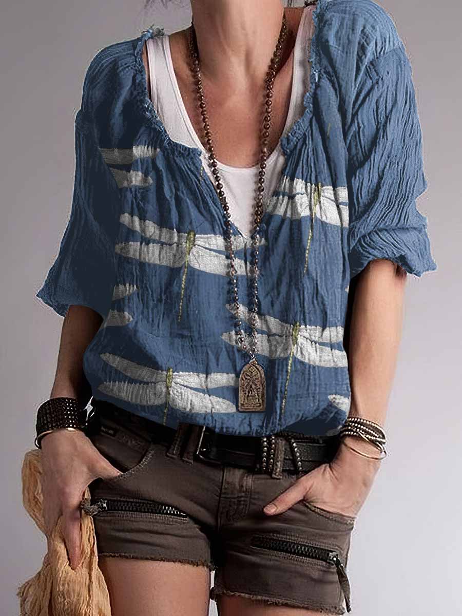 Top con cuello en V y mezcla de algodón con estampado de libélula hippie para mujer