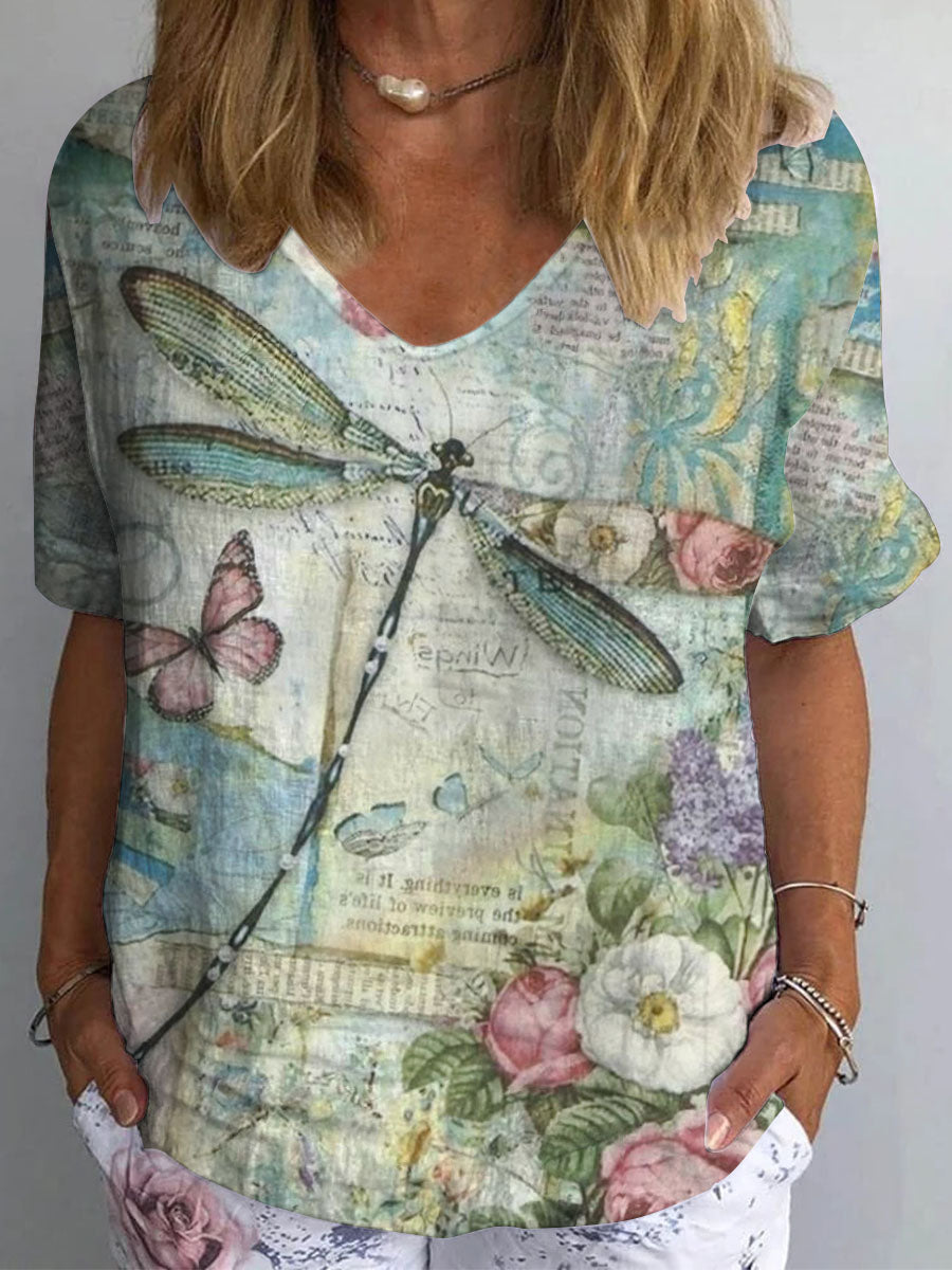 Mujer Vintage Drgonfly impresión Boho algodón lino V-cuello camiseta