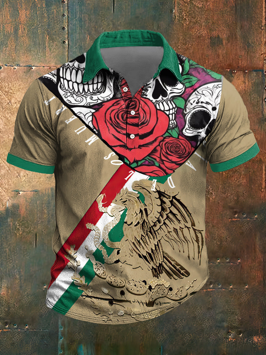 Camiseta de manga corta con cuello polo estampado Día de los Muertos para hombre
