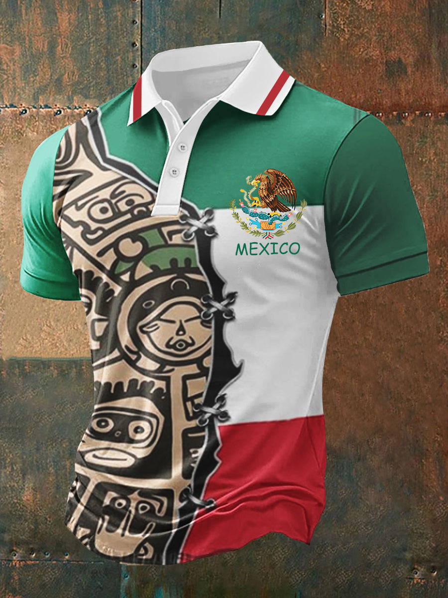 Camisa casual deportiva POLO de manga corta con diseño de cultura mexicana para hombre