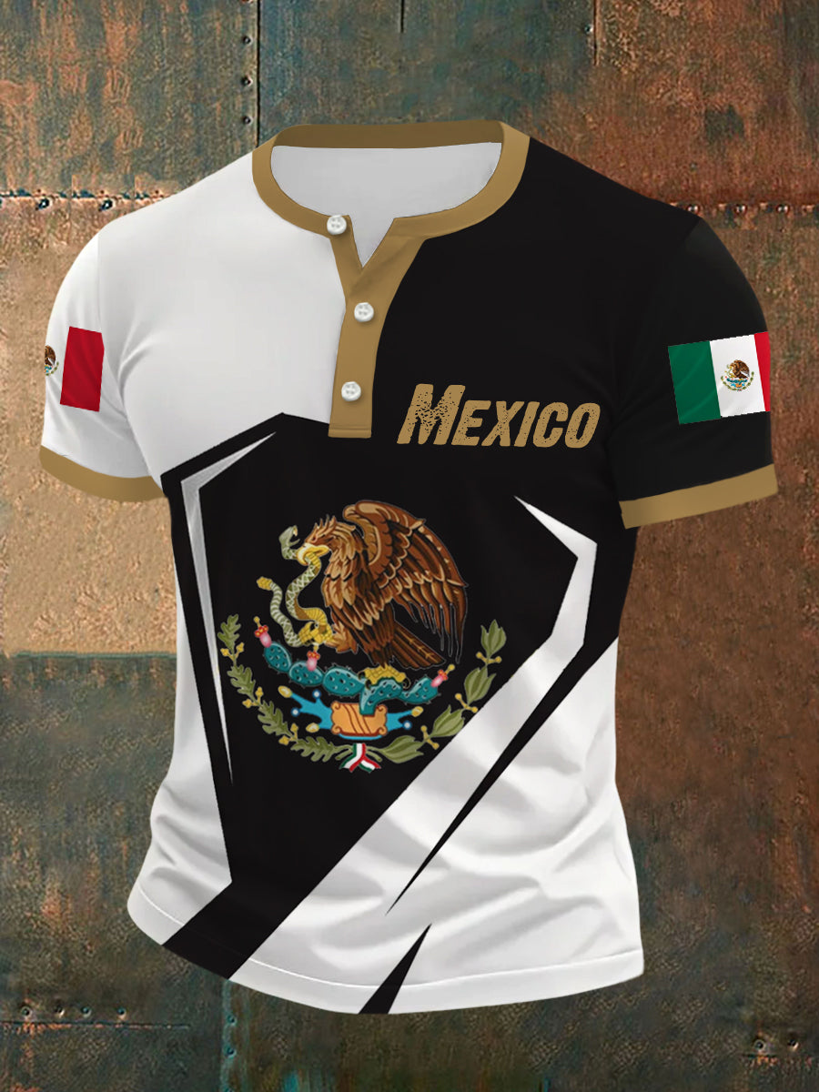 Bandera de México de los hombres de impresión Casual Henry Collar Tee