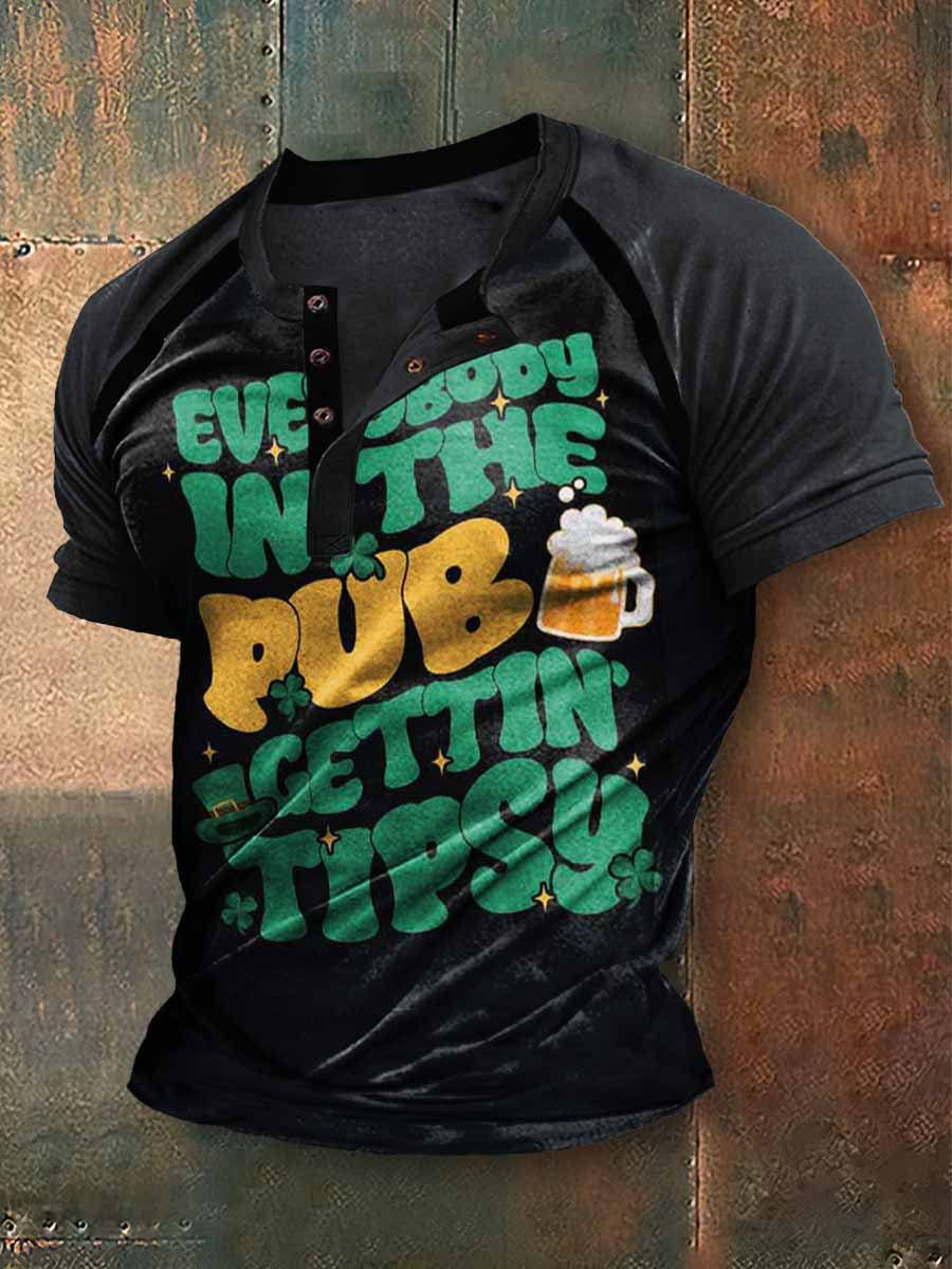 Hombres St. Patrick's Beer Print Raglan Sleeve Henley Collar T-shirt