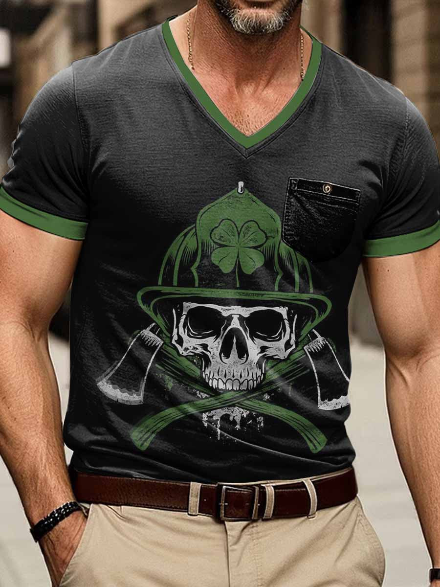 Camiseta de manga corta con cuello en V para hombre Miner Skull Print