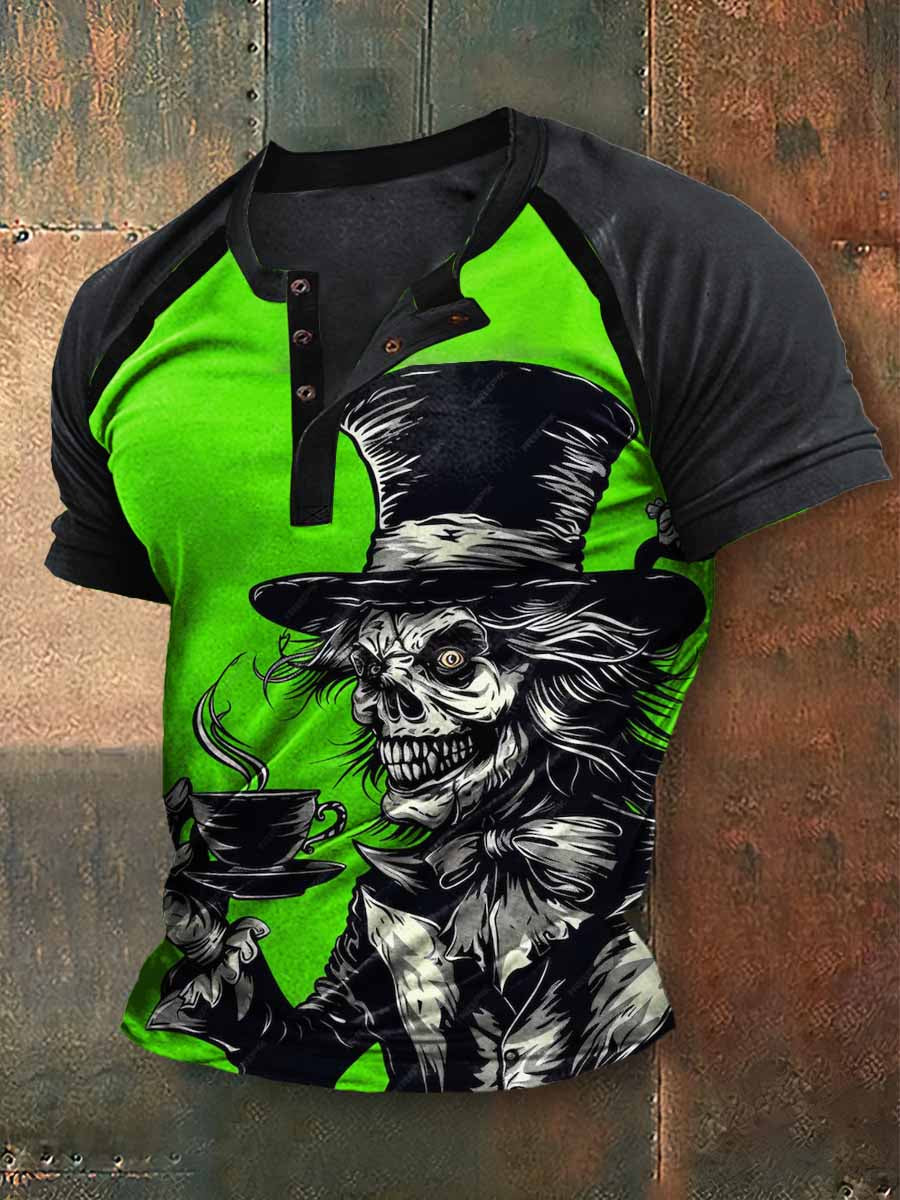 Men's Mr.Skull With Tea Print Raglan Sleeve Henley Collar T-shirt