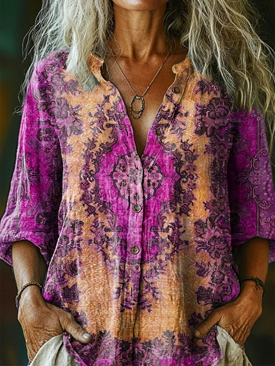 Retro Boho Applique Floral Art Impreso Vintage Chic con cuello en V Botón de bolsillo de algodón de manga larga Camisa