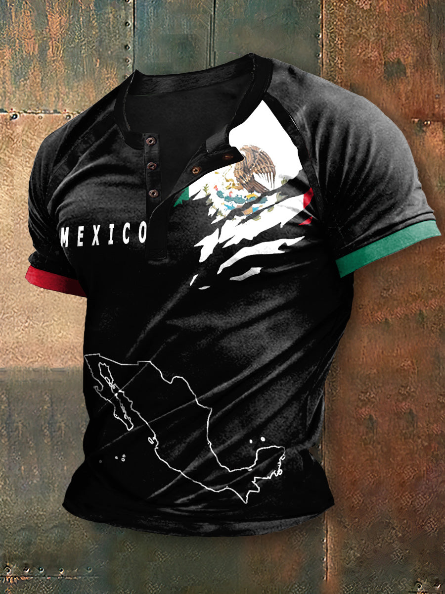 Camiseta de manga corta con cuello Henley y estampado México para hombre