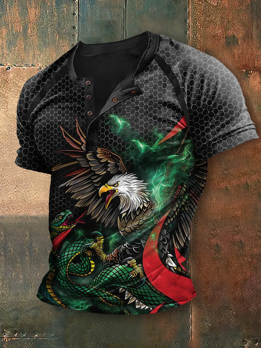 Camiseta de manga corta México Eagle Print Henley Neck para hombre