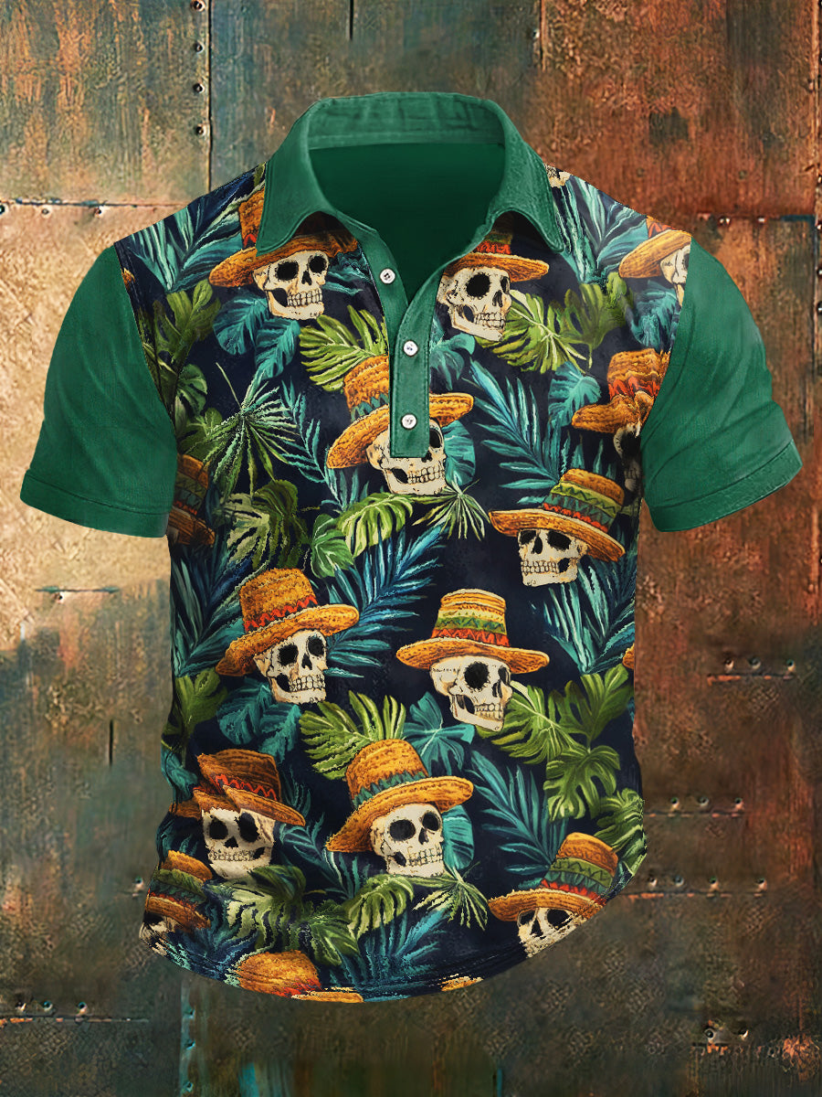 Mexican Skull Print Polo Neck Camiseta de manga corta para hombre