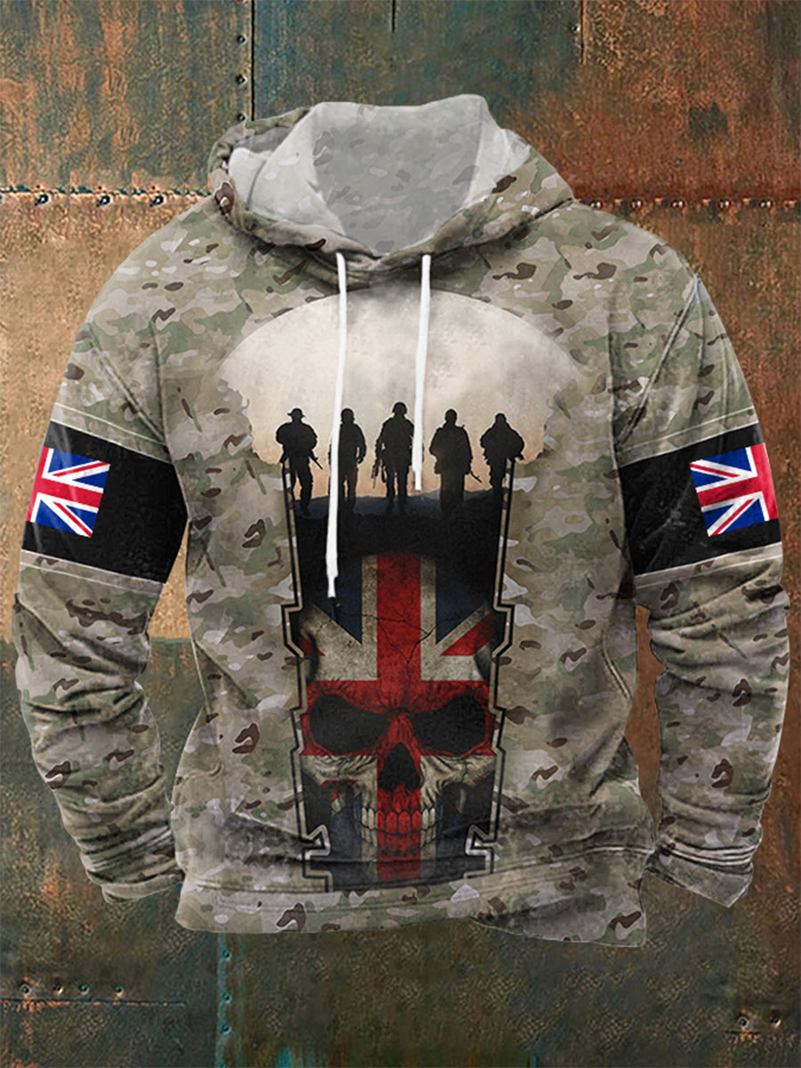 Hombres UK Flag Camouflage Skull Print Casual Hoodie