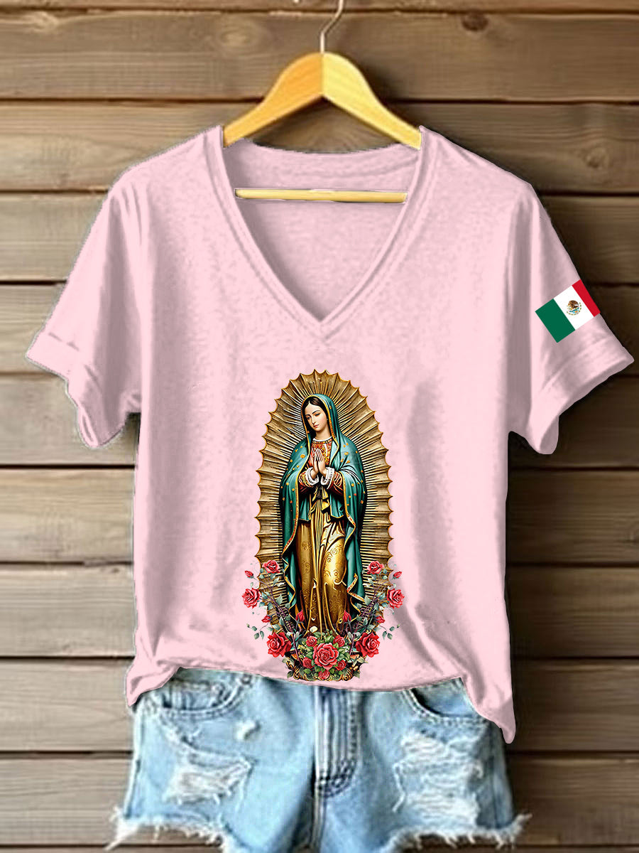 Mujer Floral Virgen de México Nuestra Señora de Guadalupe Bandera Mexicana Manga Corta Camiseta