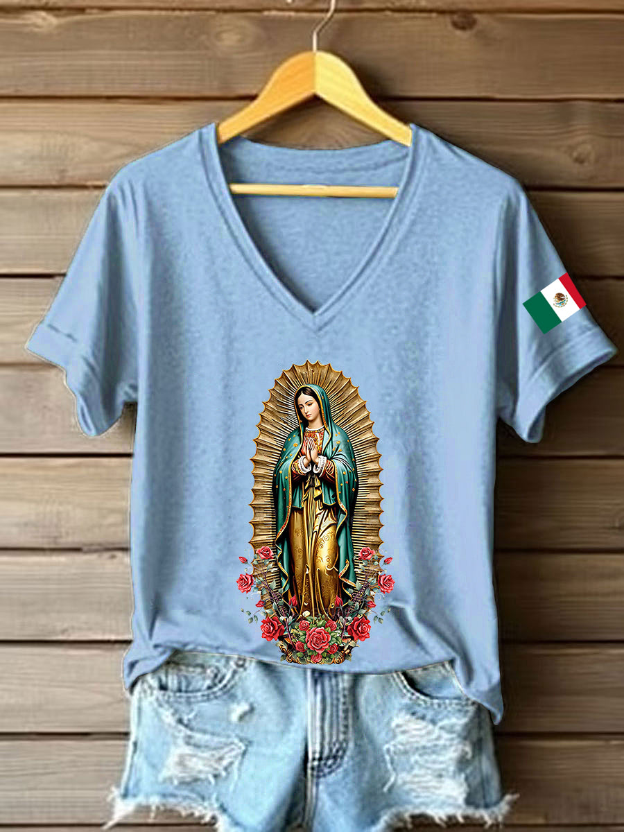 Mujer Floral Virgen de México Nuestra Señora de Guadalupe Bandera Mexicana Manga Corta Camiseta