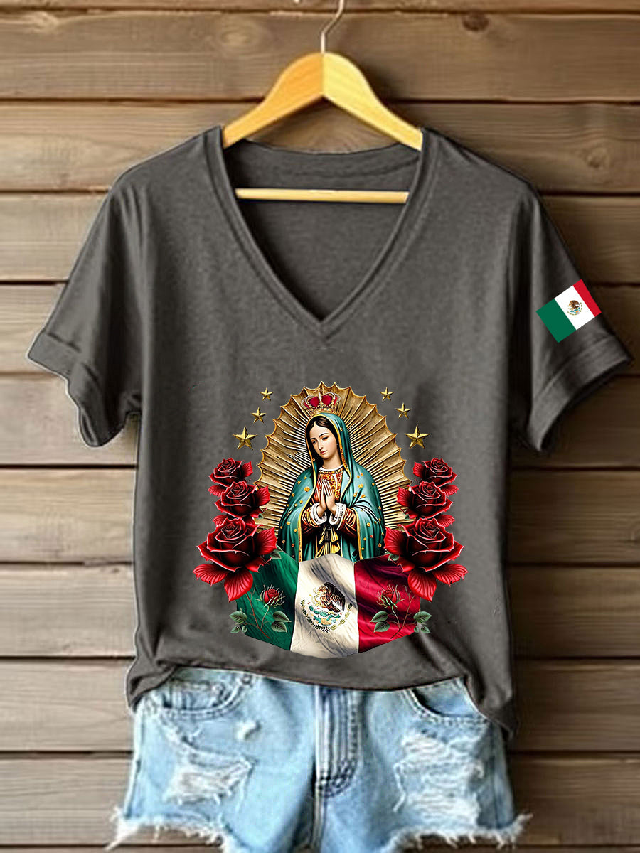 Mujer Floral Virgen de México Nuestra Señora de Guadalupe Bandera Mexicana Manga Corta Camiseta