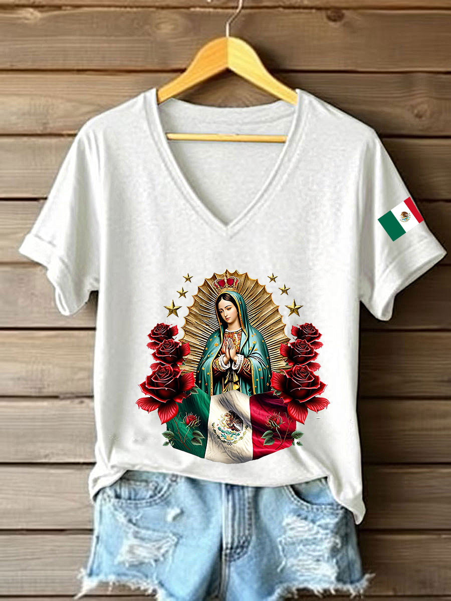 Mujer Floral Virgen de México Nuestra Señora de Guadalupe Bandera Mexicana Manga Corta Camiseta