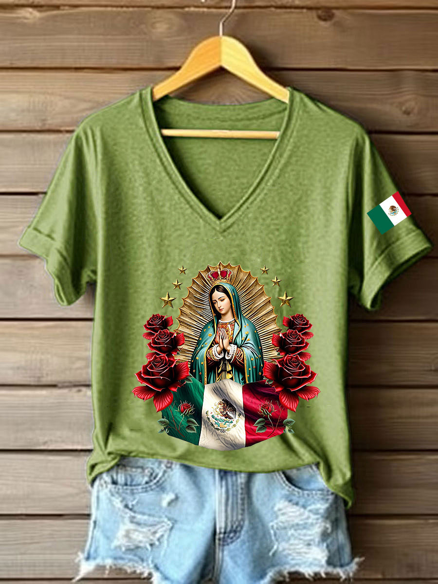 Mujer Floral Virgen de México Nuestra Señora de Guadalupe Bandera Mexicana Manga Corta Camiseta