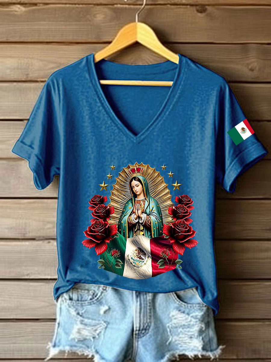Mujer Floral Virgen de México Nuestra Señora de Guadalupe Bandera Mexicana Manga Corta Camiseta