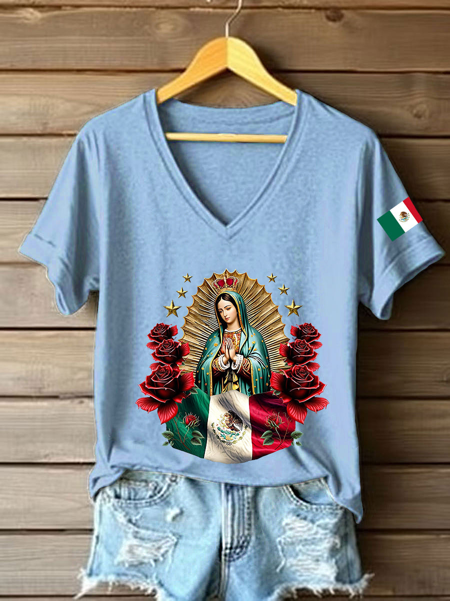 Mujer Floral Virgen de México Nuestra Señora de Guadalupe Bandera Mexicana Manga Corta Camiseta