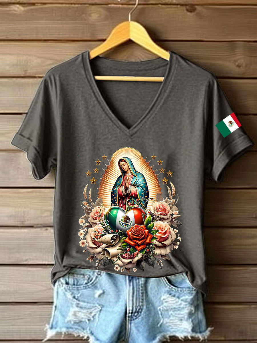 Mujer Floral Virgen de México Nuestra Señora de Guadalupe Bandera Mexicana Manga Corta Camiseta