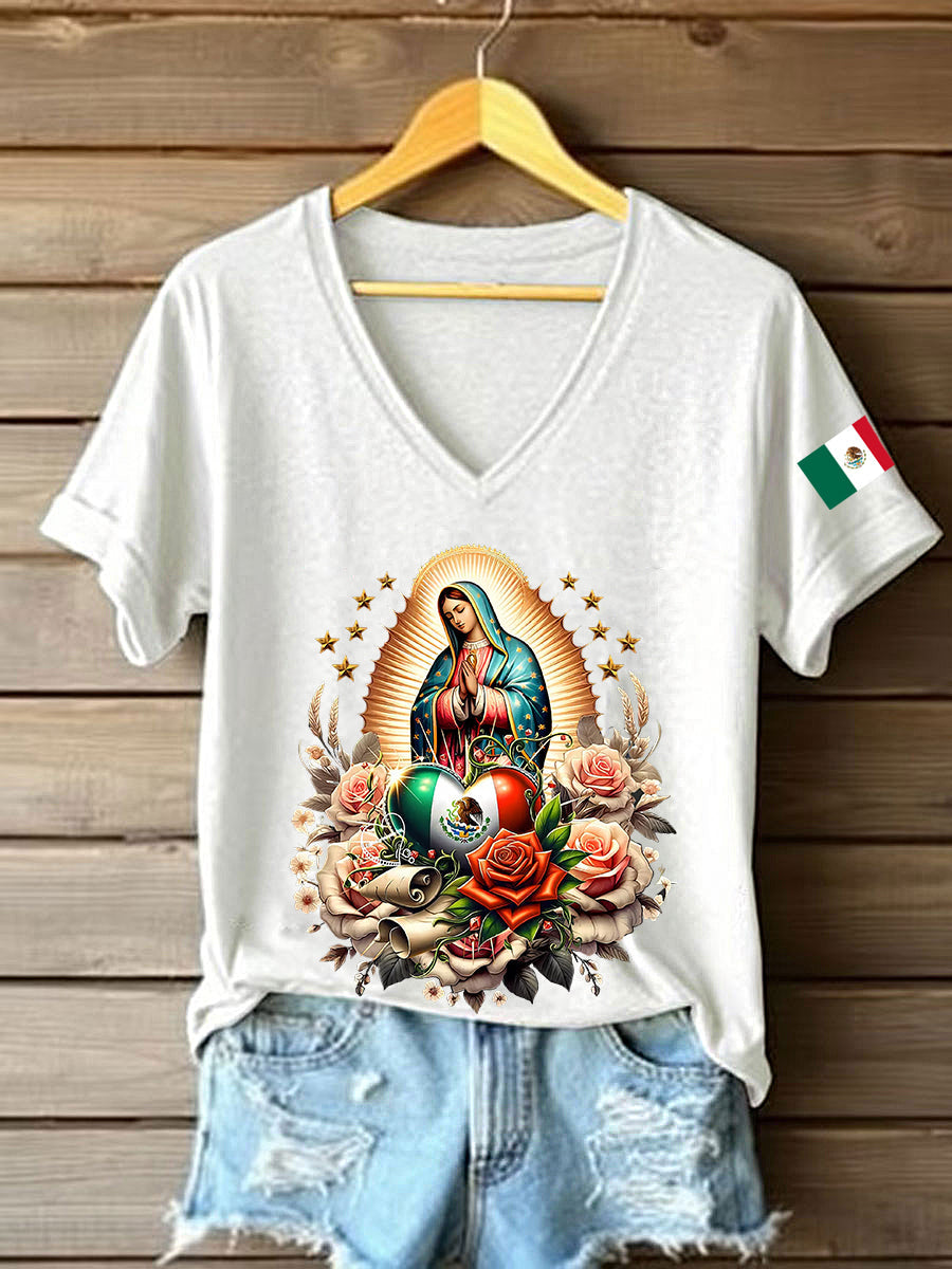 Mujer Floral Virgen de México Nuestra Señora de Guadalupe Bandera Mexicana Manga Corta Camiseta