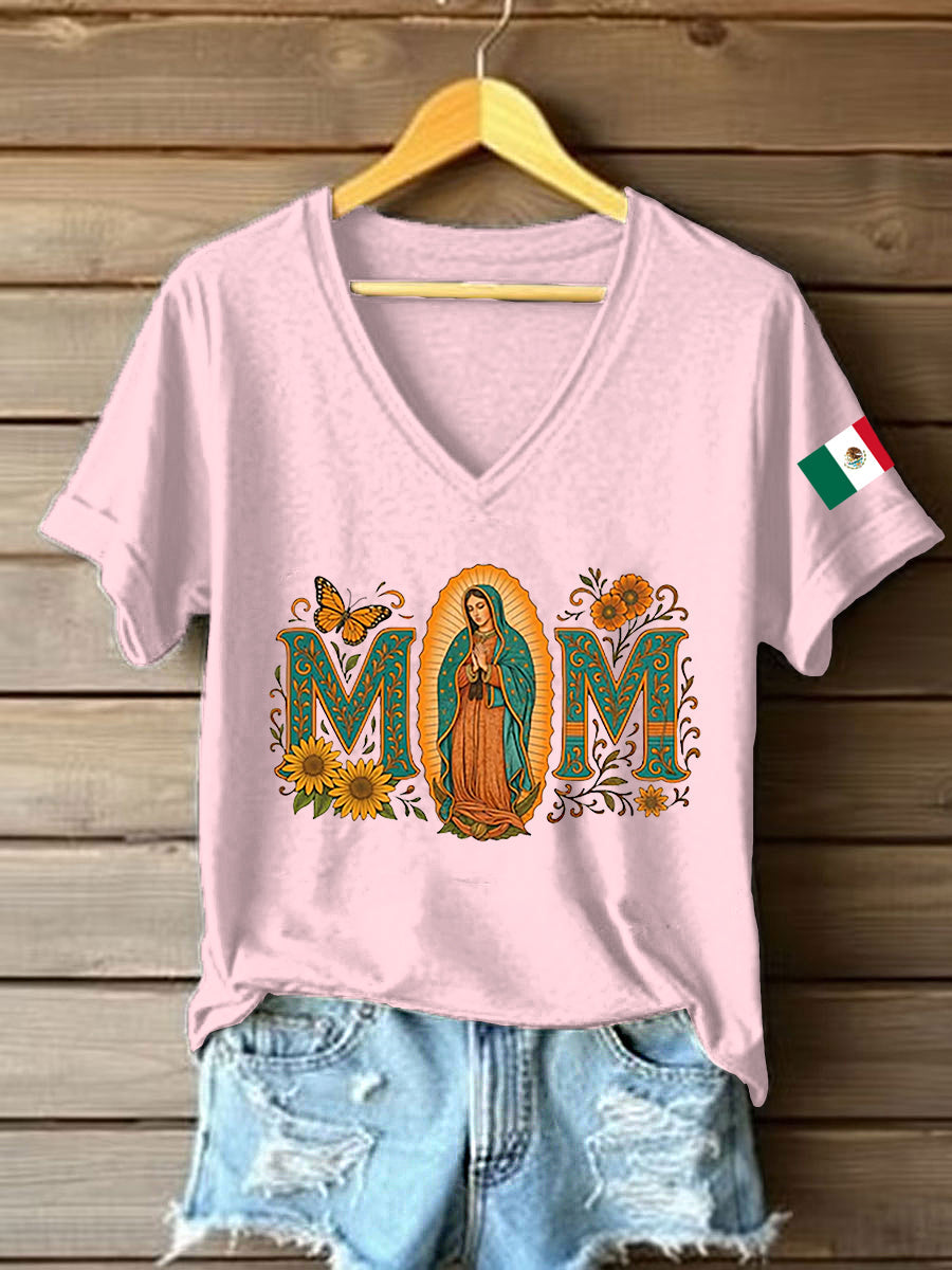Mujer Floral Virgen de México Nuestra Señora de Guadalupe Bandera Mexicana Manga Corta Camiseta