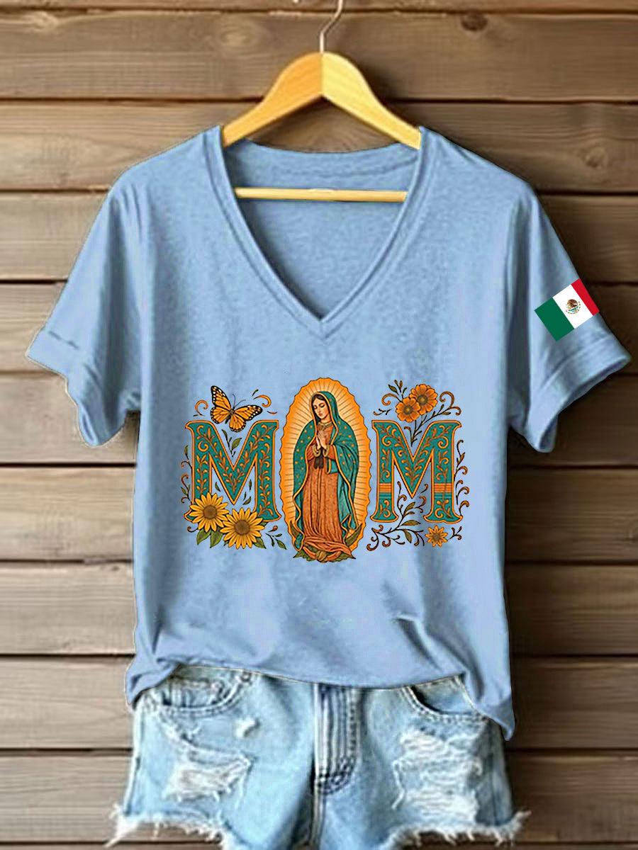 Mujer Floral Virgen de México Nuestra Señora de Guadalupe Bandera Mexicana Manga Corta Camiseta