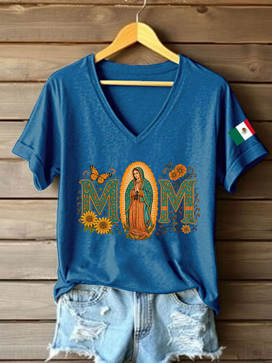 Mujer Floral Virgen de México Nuestra Señora de Guadalupe Bandera Mexicana Manga Corta Camiseta