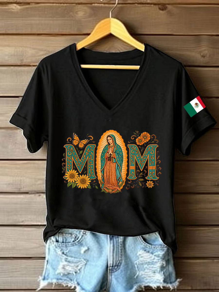 Mujer Floral Virgen de México Nuestra Señora de Guadalupe Bandera Mexicana Manga Corta Camiseta