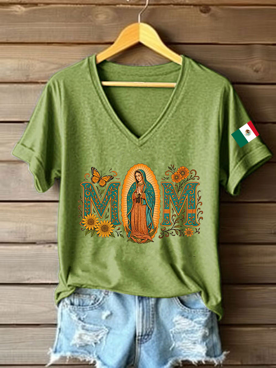 Mujer Floral Virgen de México Nuestra Señora de Guadalupe Bandera Mexicana Manga Corta Camiseta