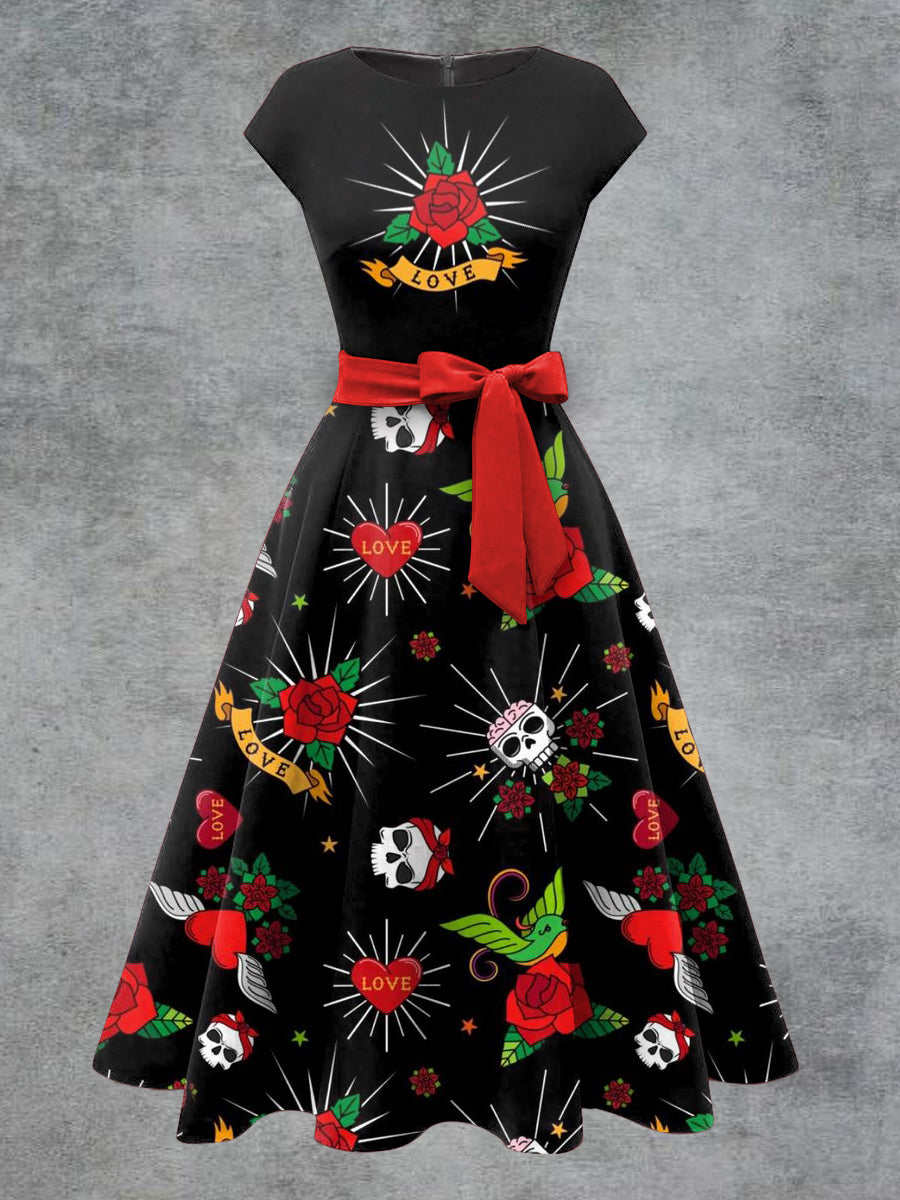 Vestido de Midi con cinturón de arco de impresión floral de cráneo vintage para mujer