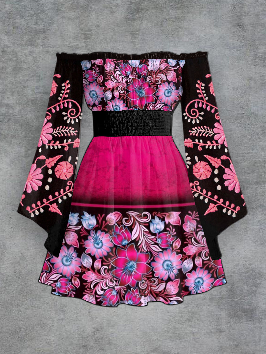 Moda elegante de las mujeres impresión floral un hombro trompeta manga vestido