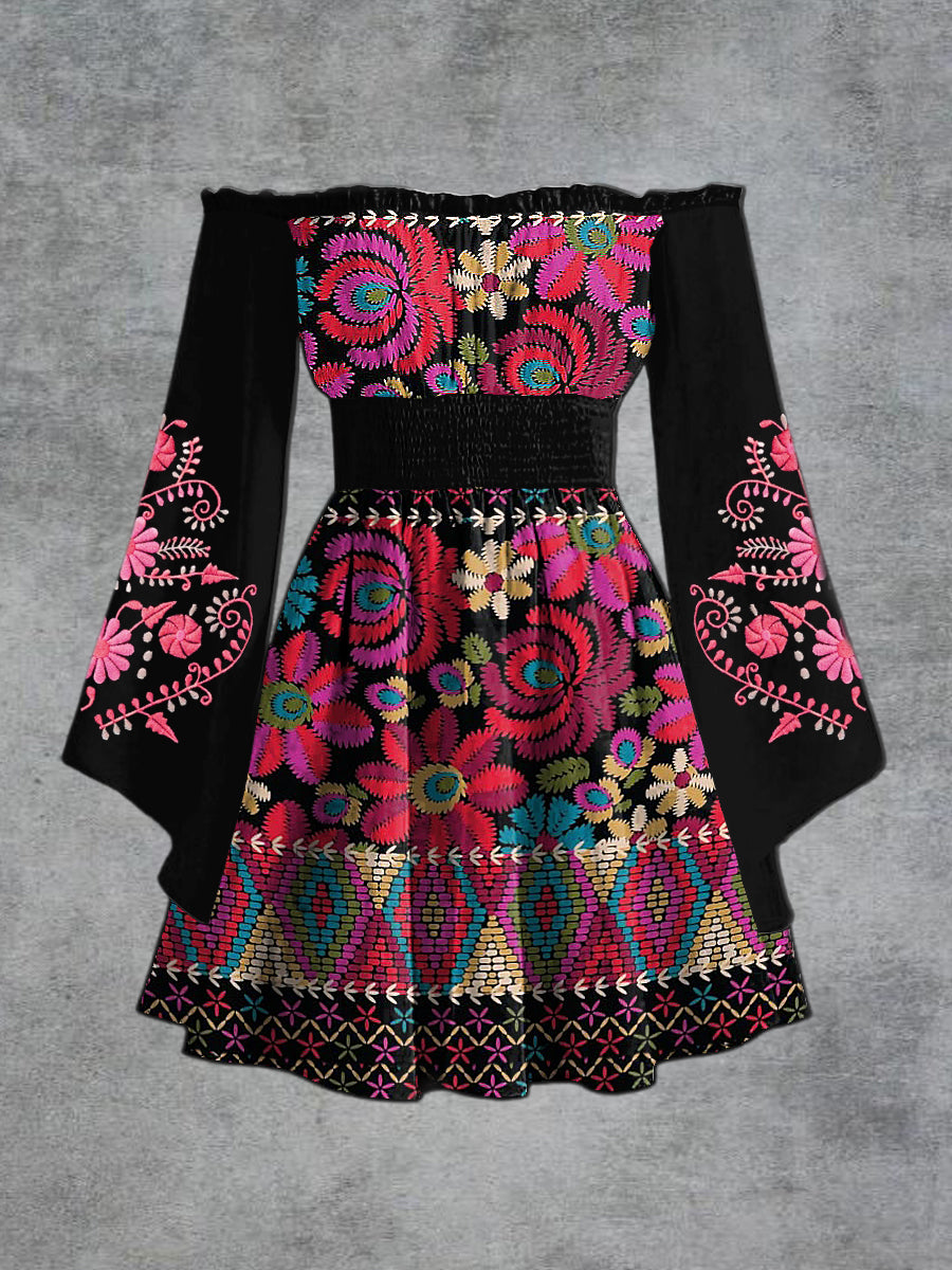 Moda elegante de las mujeres impresión floral un hombro trompeta manga vestido