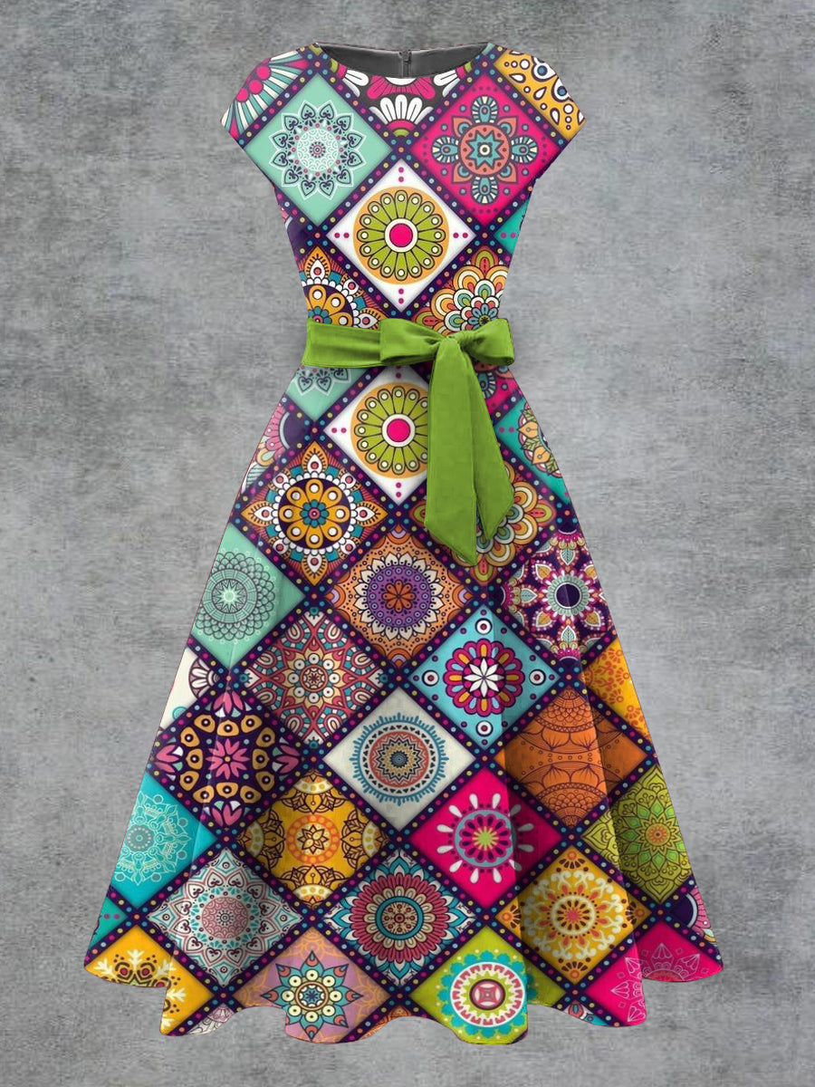 Mujeres Oaxaca diamante flor impresión arco cinturón vestido Midi