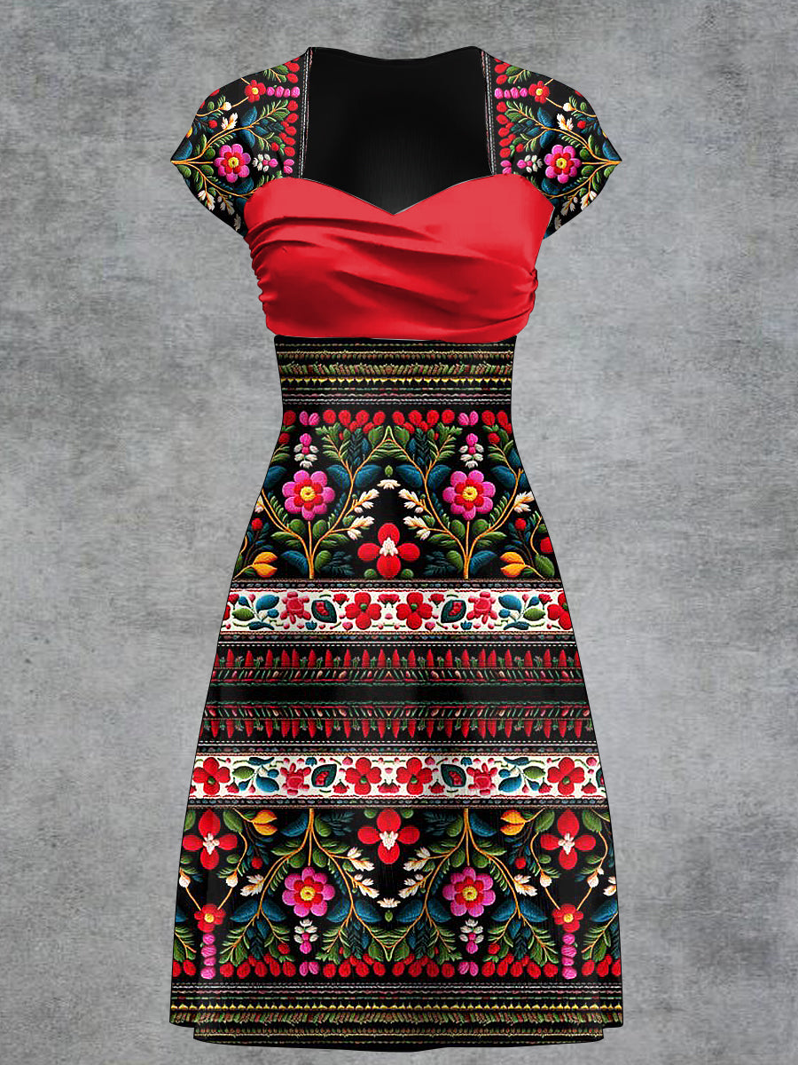 Vestido de manga corta con estampado de arte floral retro