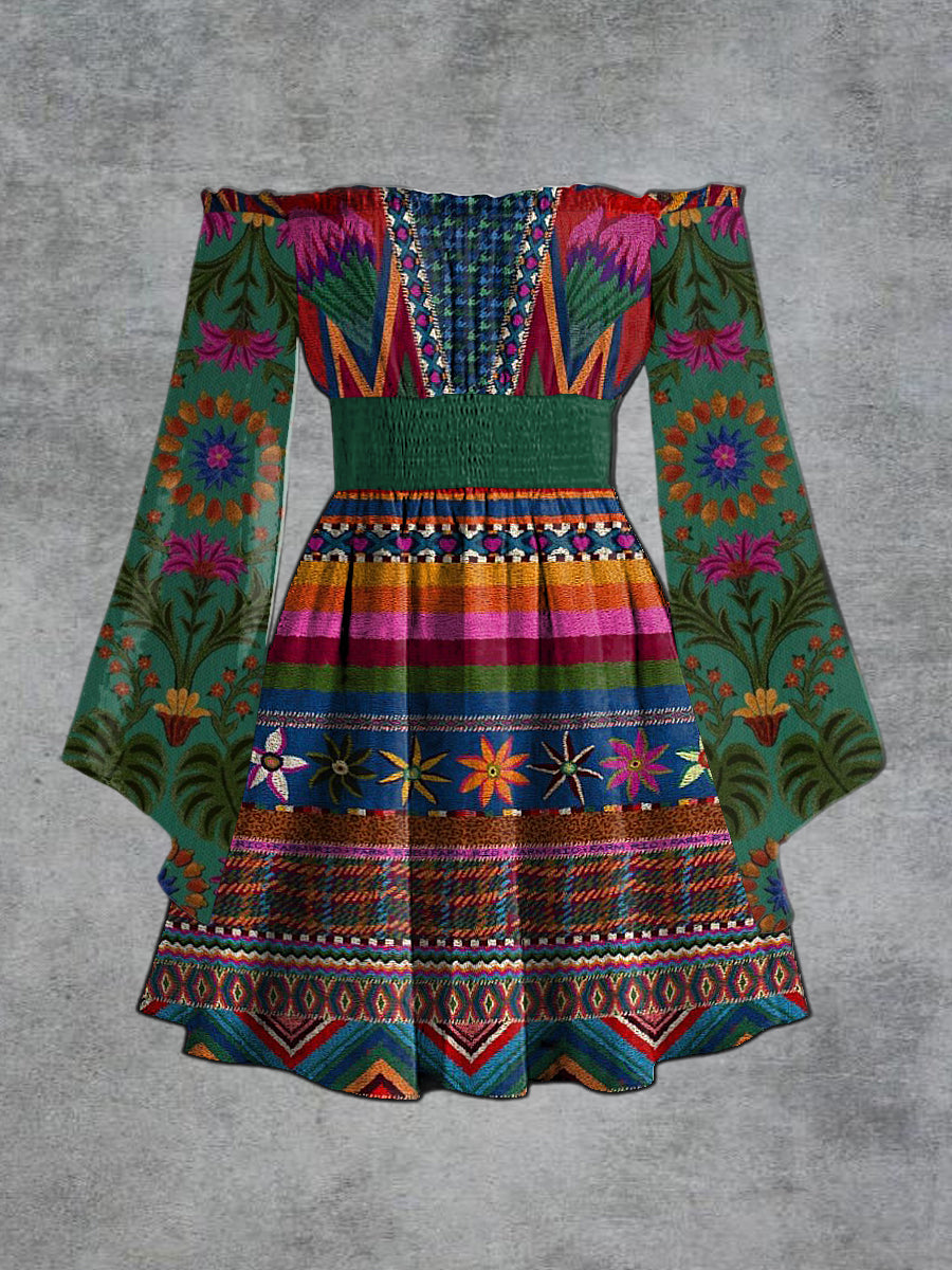 Moda elegante de las mujeres impresión floral un hombro trompeta manga vestido