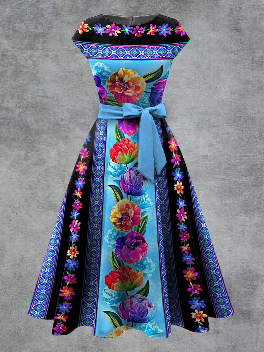 Vestido midi con cinturón de arco de impresión floral vintage para mujer