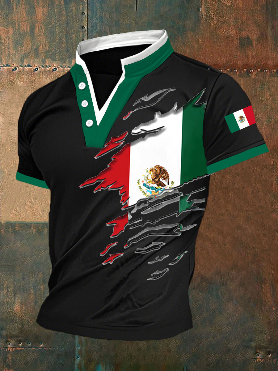 Camiseta con cuello en V casual con estampado de bandera mexicana para hombre