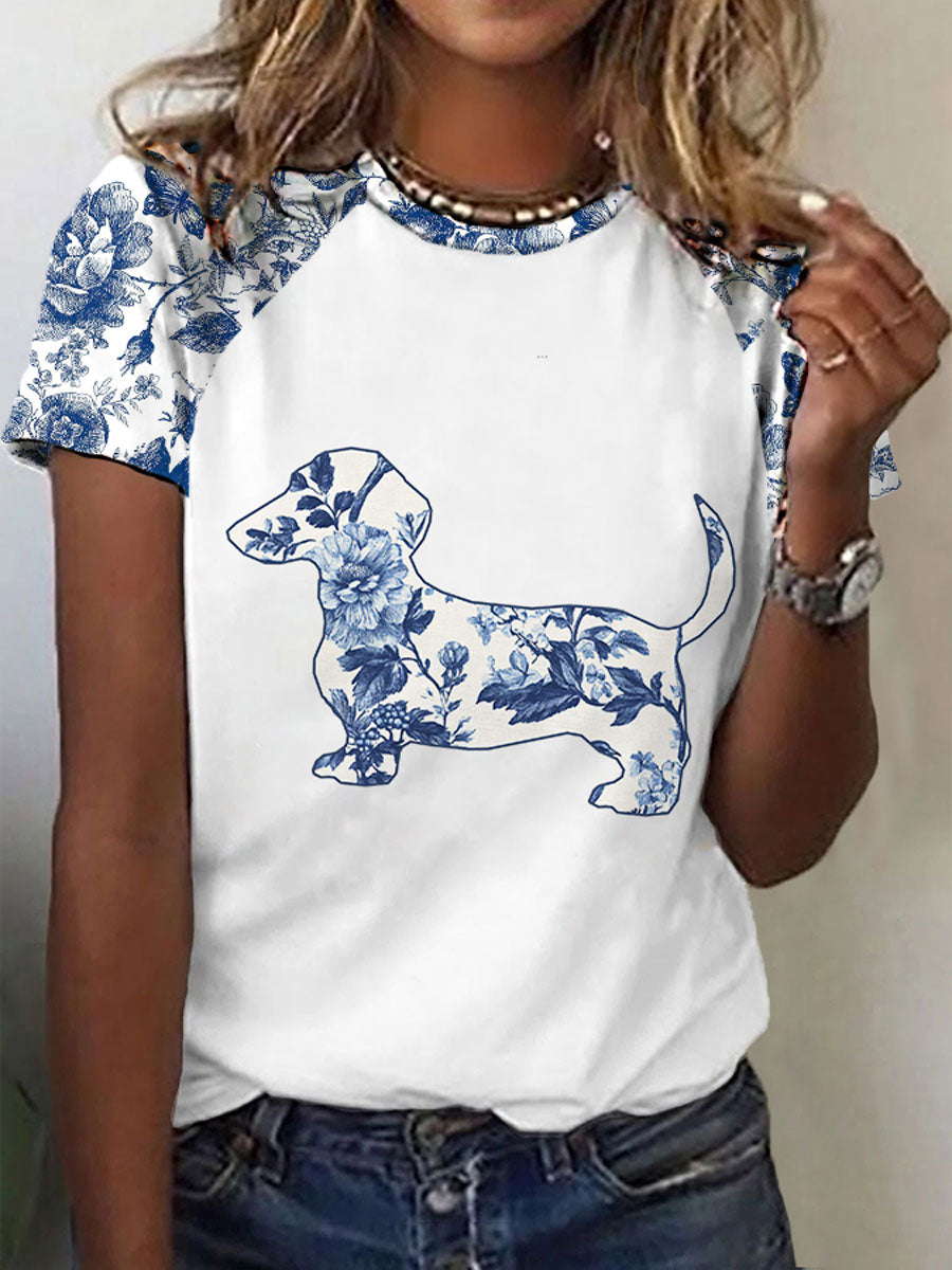 Camiseta con estampado floral Dachshund para mujer
