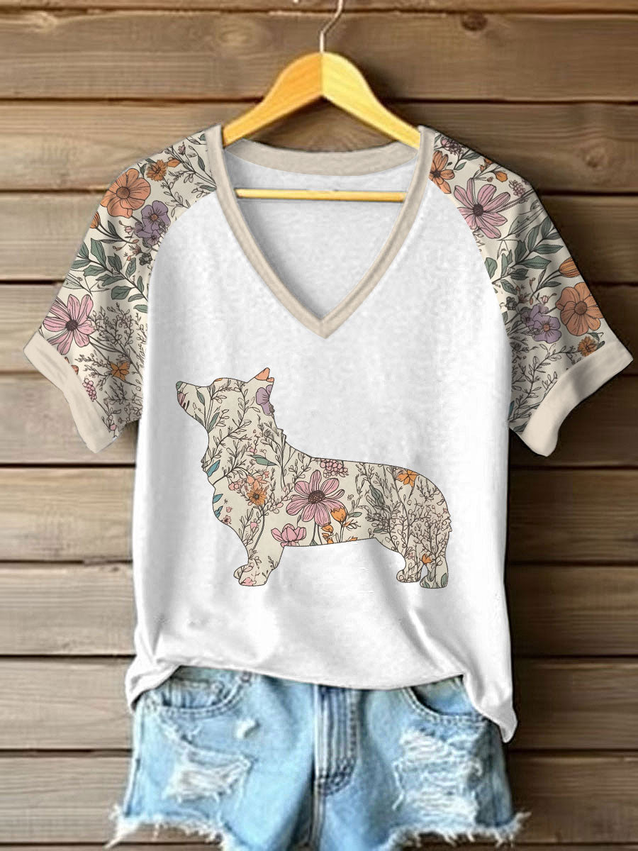 Wildflowers Corgi Printed Casual Camiseta para mujer