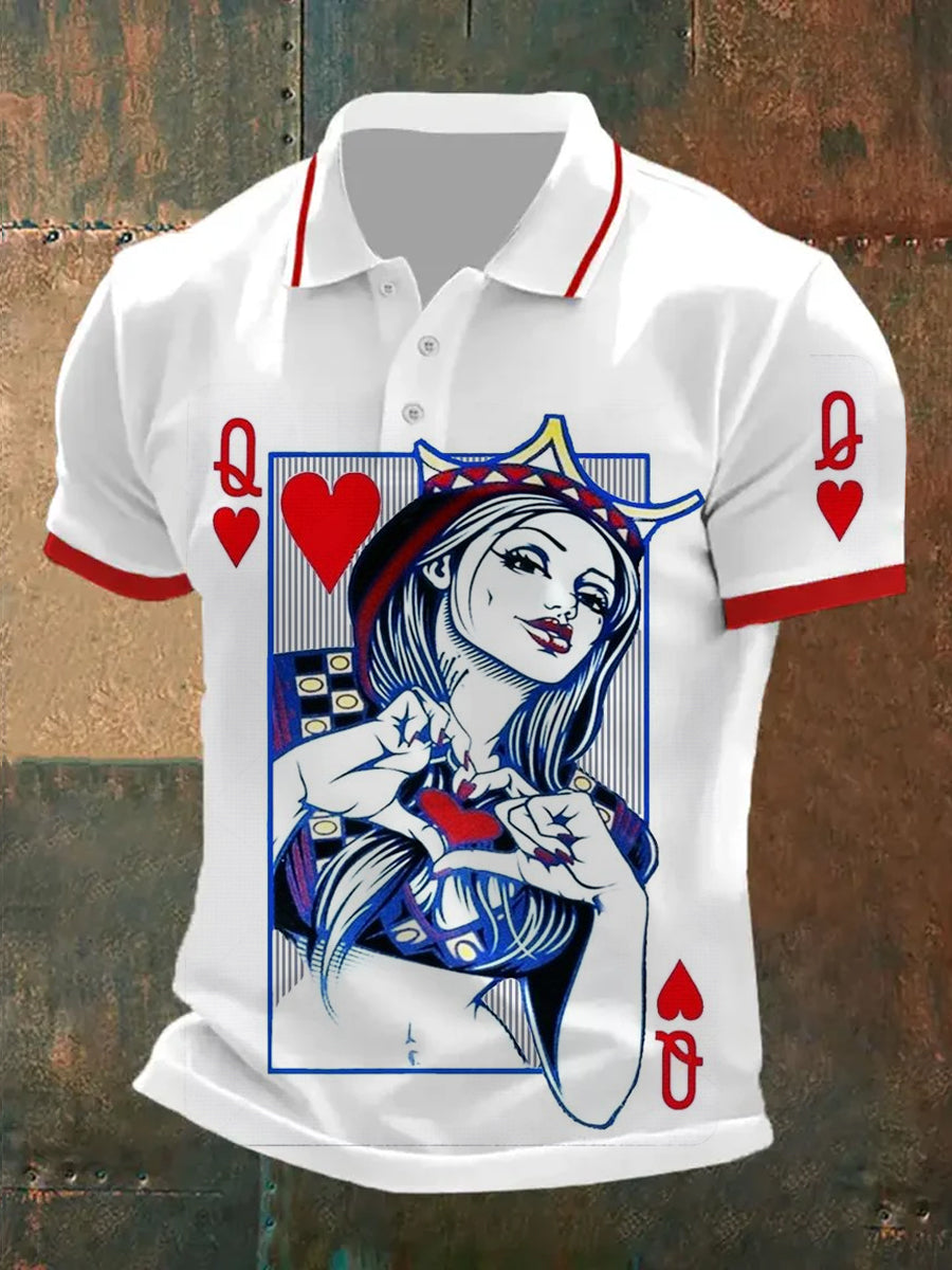 Polo de manga corta casual con patrón de póker retro para hombre