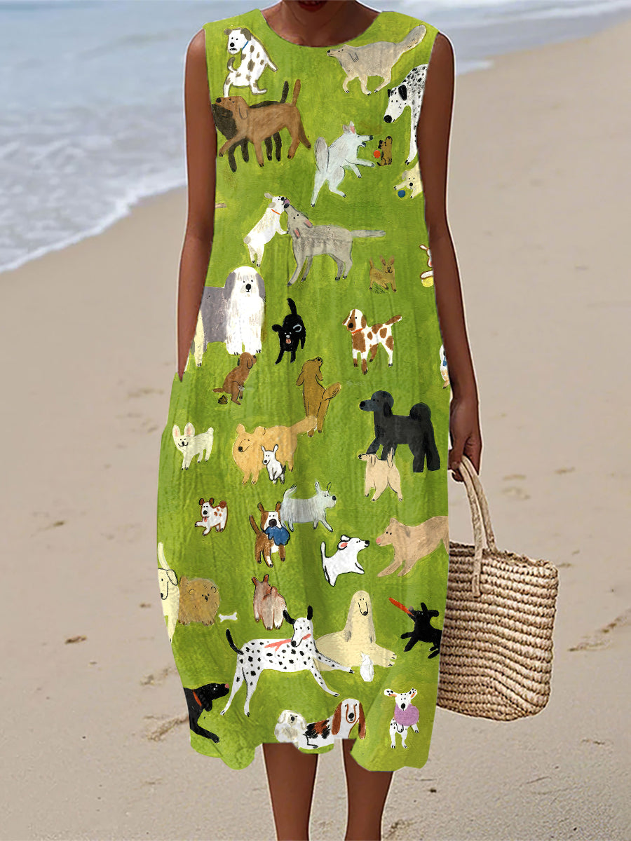 Vestido de lino de la impresión del perro del arte de la pintura al óleo de las mujeres