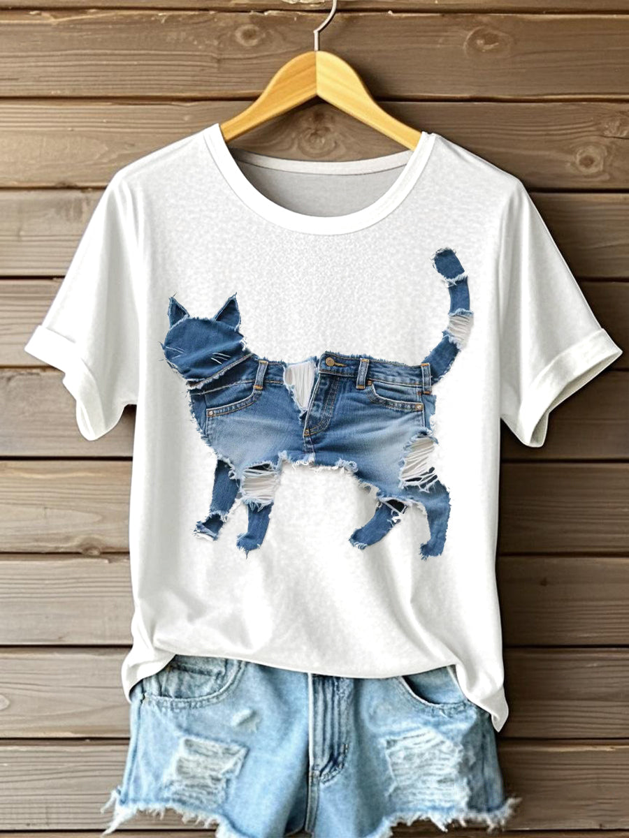 Camiseta de manga corta de mujer Funny Cat Patchwork Art