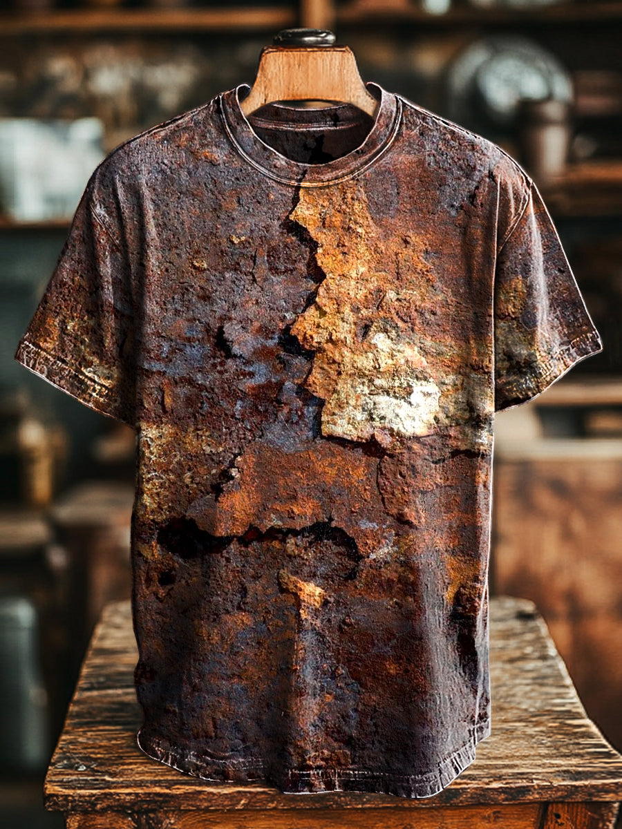 Unisex Retro envejecido Rust impreso Casual suelta camiseta de manga corta