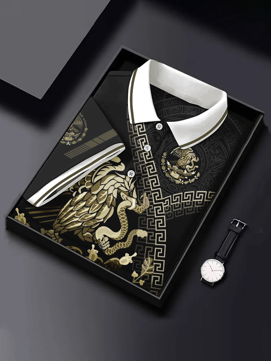 Camisa casual deportiva de manga corta con diseño azteca de cultura mexicana para hombre