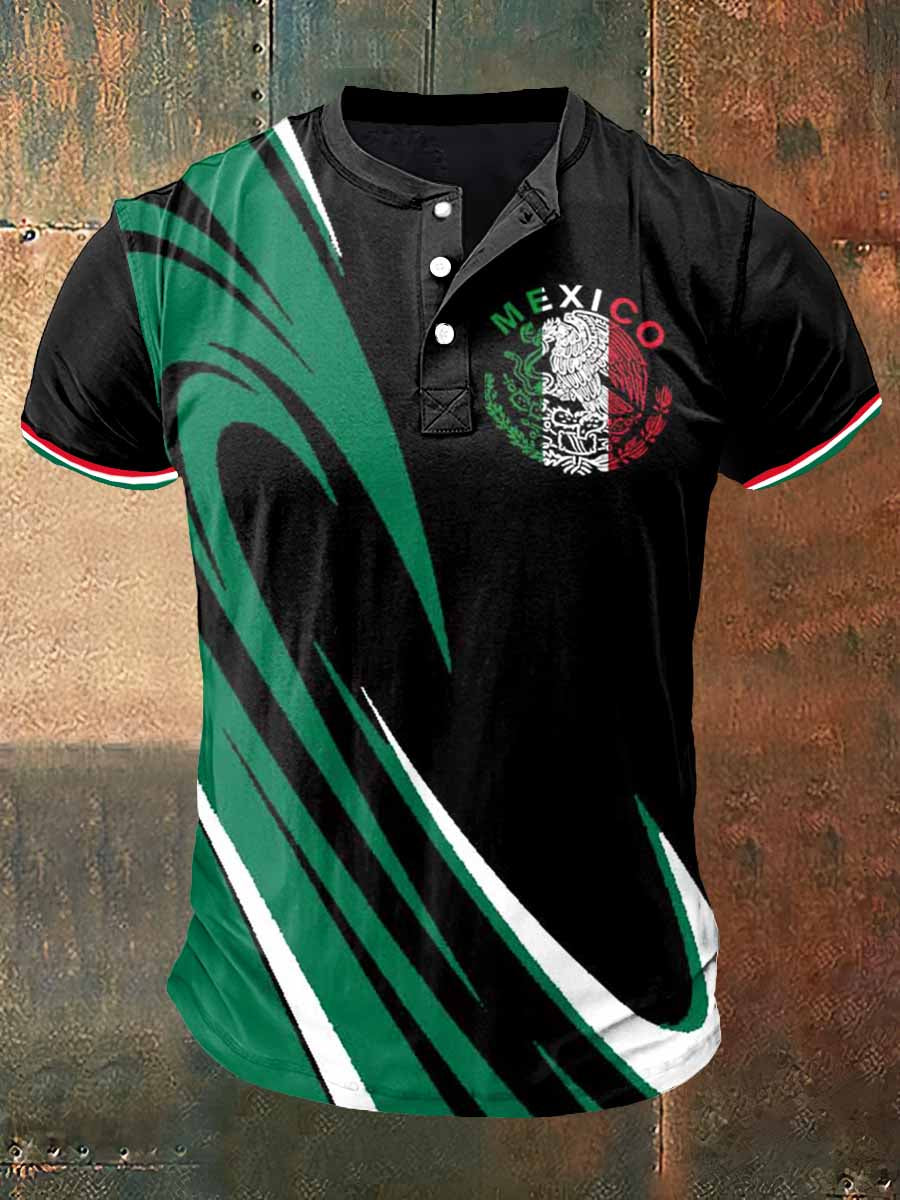 Camiseta de cuello Henley de manga corta con estampado de México para hombre